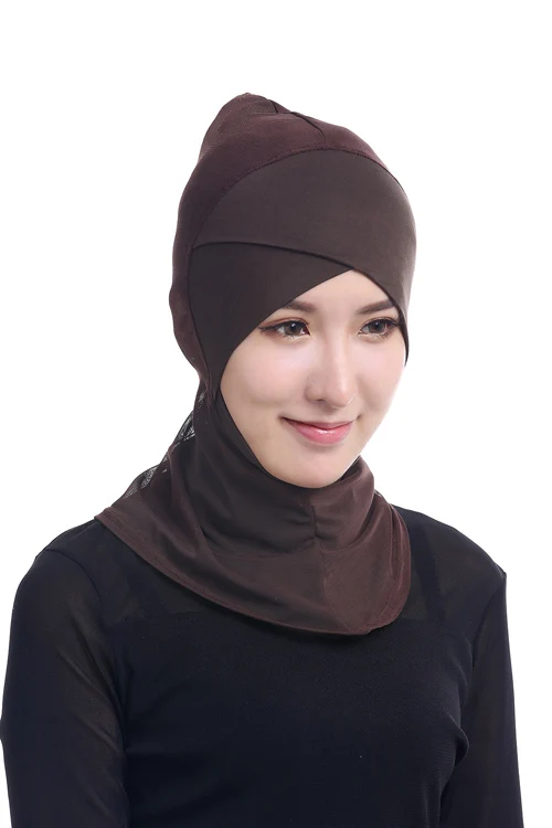 Смешанные Оптовые Для женщин под шарф шляпа Кепки кость Бонне ниндзя сетка крест Исламской Шея крышка мусульманин хиджаб 20 цвета - Цвет: Coffee