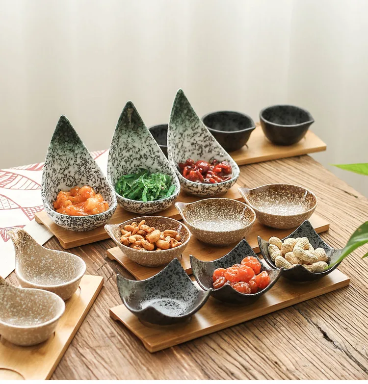Креативные керамические тарелки для закусок с бамбуковыми подносами в японском стиле, тарелки для орехов/десертов, тарелки для соуса, тарелок, столовые приборы для ресторана