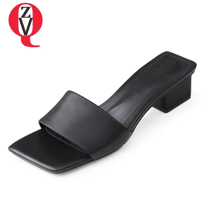 

ZVQ shoes woman 2019 summer new fashion sexy open toe high quality genuine leather woman slippers outside med square heels shoes