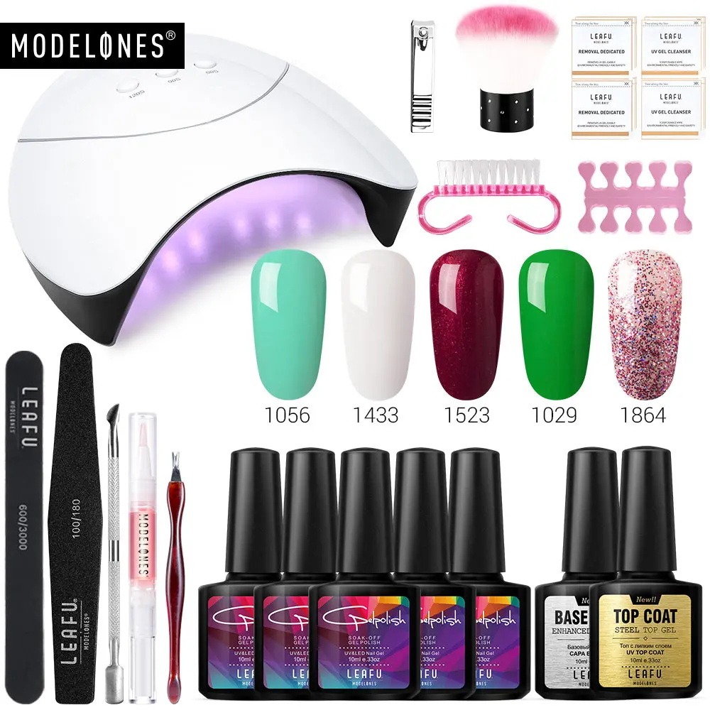 

Modelones 19Pcs/Lot Led Lamp Nail Tools Gel Polish Kits Soak Off Base Top Gel Lacquer 5 Colors Gel Varnish 36W Nail Lamp Set