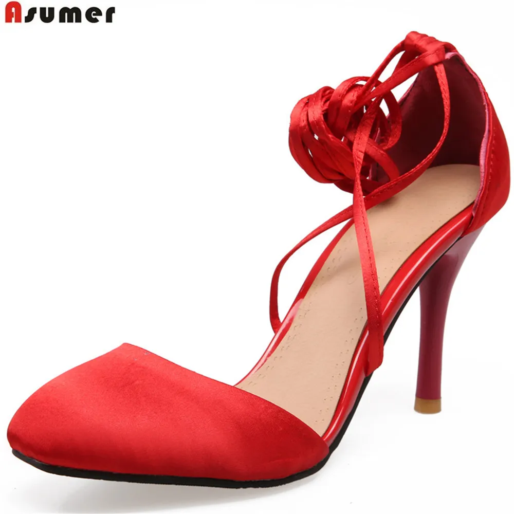 

ASUMER black red purple fashion summer ladies wedding shoes square toe cross tied thin heel women high heels sandals big size