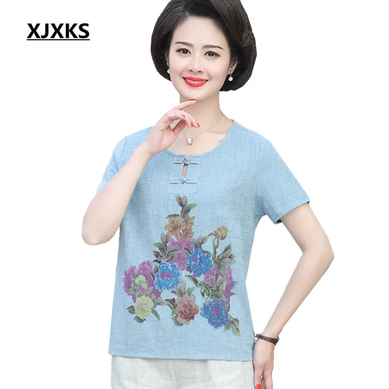 

XJXKS Women's summer T-shirt 2019 new plus size fashion printing comfortable cotton linen T-shirt women's short-sleeved top