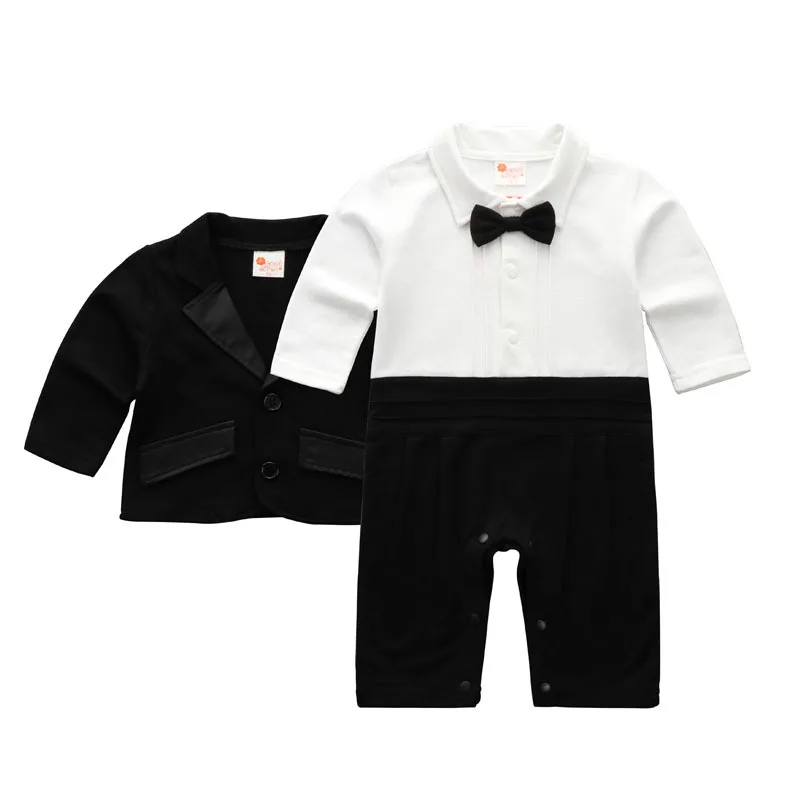 Комплекты одежды для маленьких мальчиков джентльменский Свадебный комплект одежды для младенцев, черный галстук-бабочка, комбинезон с длинными рукавами для новорожденных+ куртка, костюмы, комбинезон - Цвет: as picture