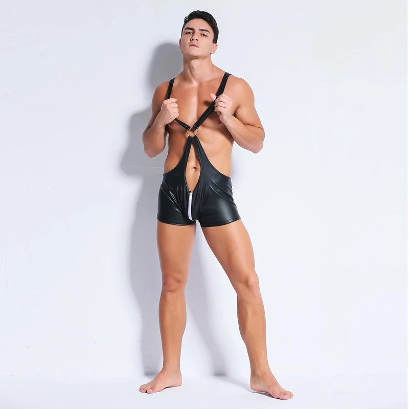 Men Sexy PVC Erotic Leotard Costumes Black Wet Look Micro Mini Catsuit Fetish Clubwear Party Faux Leather Dress Latex Bodycon (2)