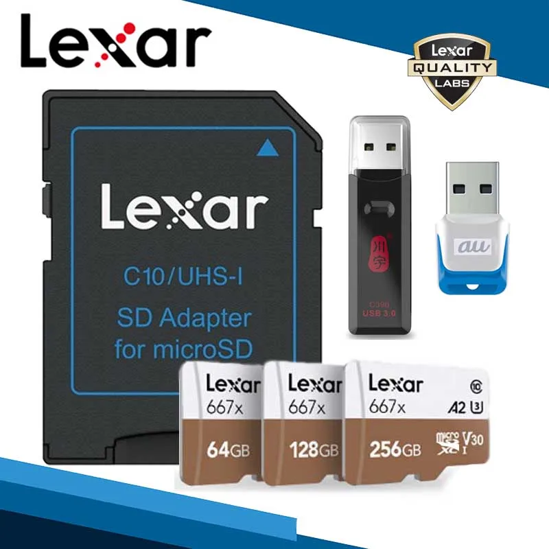 Lexar 667x Micro SD tf-карта с адаптером, устройство для чтения карт памяти Micro 64 ГБ, 128 ГБ, 256 ГБ, U3, V30, A2, SDXC, UHS-I для беспилотных спортивных видеокамер