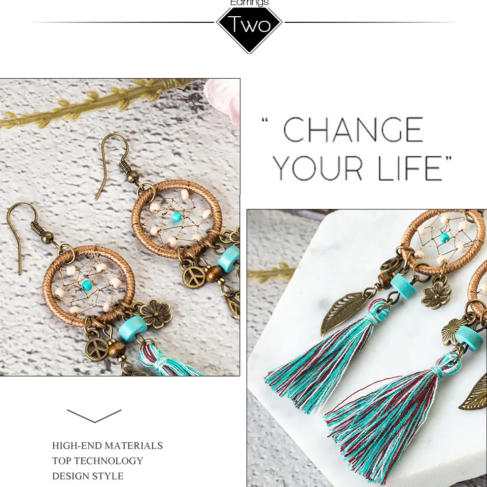 Bohemian Dreamcatcher Leaf Flower Tassel Alloy Earrings 3