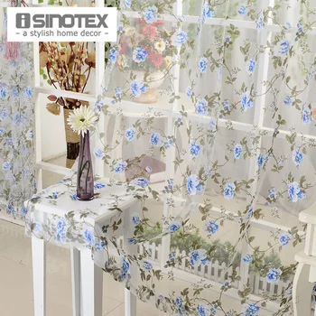 

iSINOTEX Blue Floral Window Curtain Fabric Living Room Transparent Burnout Sheer Tulle Voile Screening 1PCS/Lot
