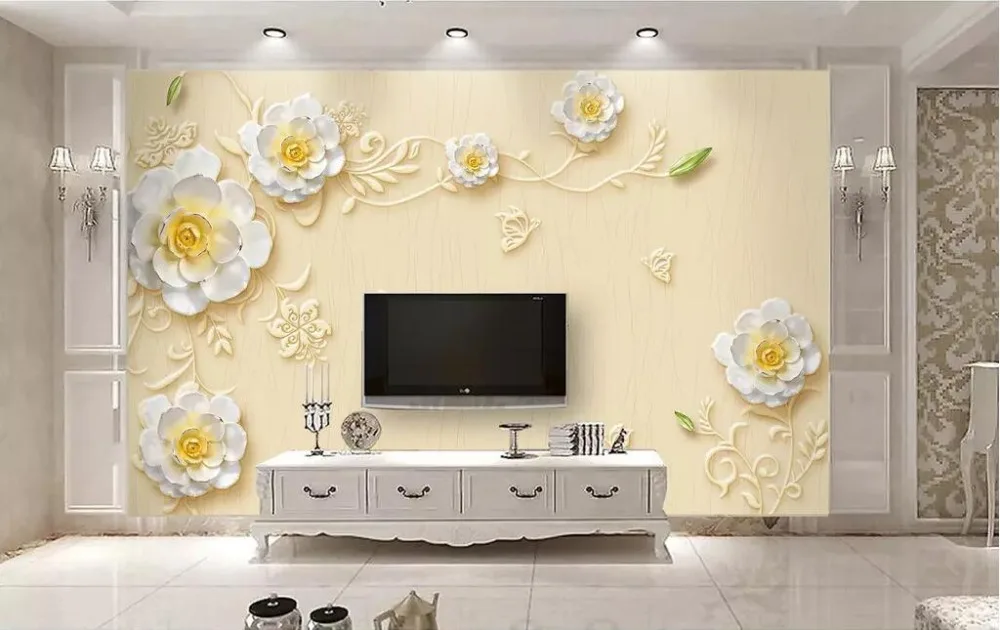 Papel de parede personalizado 3d mural jóias em relevo simples moda novo estilo chinês tulipa fundo ouro rendas jóias flor murais 32
