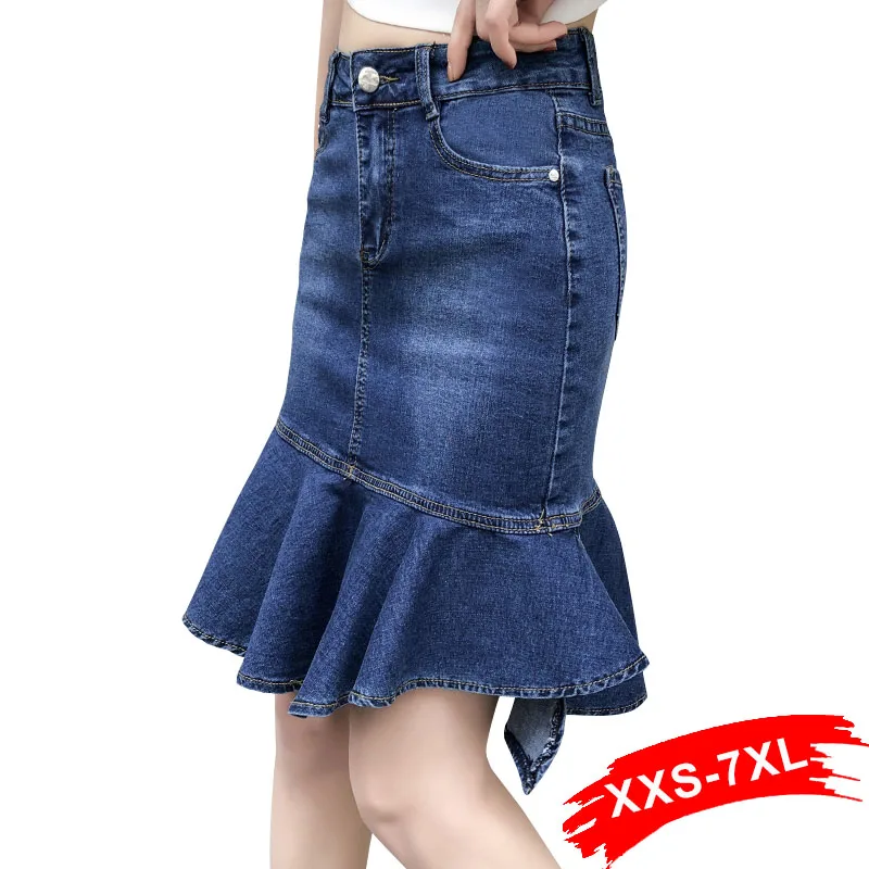 

Plus Size Asymmetric Ruffles Mermaid Mini Denim Skirts 3Xl 7Xl Zipper Fly High Waist Irregular Bodycon Short Jeans Flared Skirt