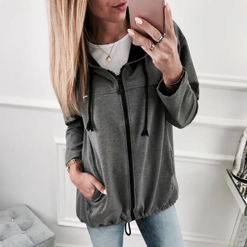 

New Oversize Hooded Sweatshirt Women Long Sleeve Autumn Spring Ladies Coat Solid Pocket Zipper Hoodie Plus Size Clothes Tops 2XL
