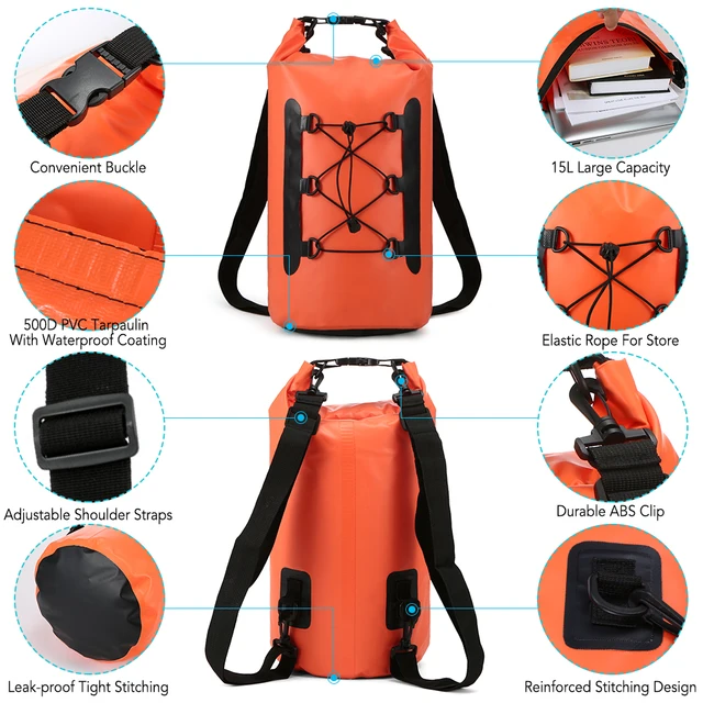 15L Waterproof Dry Bag with Phone Case Swimming Bag Roll Top Dry Sack Backpack for
