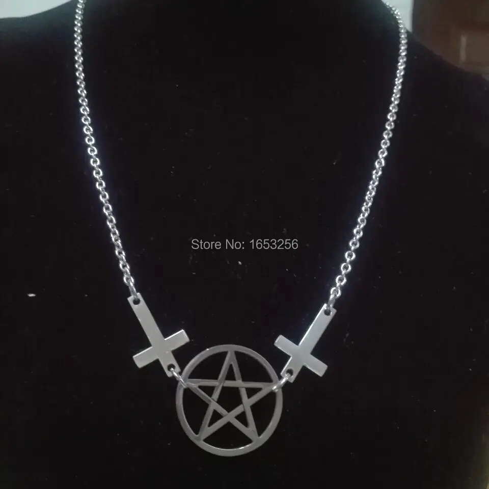 2" серебро Нержавеющая сталь перевёрнутый крест и пентаграмма ожерелье-готика deathrock стимпанк Байкер satanic