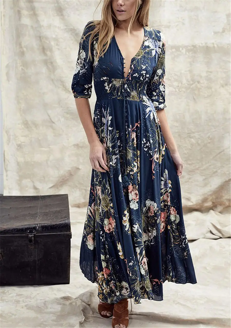 Gladiolus 2019 Spring Summer Dress Women 34 Sleeve V Neck Sexy Floral Print Bohemian Women Maxi Dress Long Beach Ladies Dresses (73)