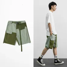 Хип-хоп Лоскутные Повседневные шорты с карманами, брендовые зеленые уличные шорты-карго для мужчин, шорты для бега с поясом для скейтборда