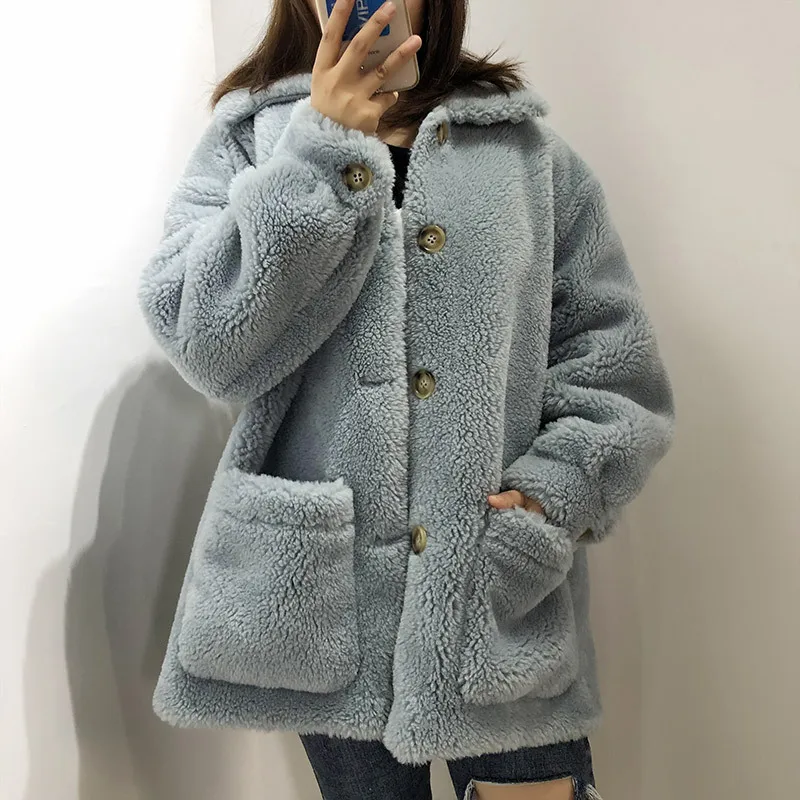 WSYORE Female Lamb Fur Coat New Autumn and Winter Women Loose Fur Jacket Outwear Thick Long Sleeve Fur Coats NS1313 - Цвет: light blue
