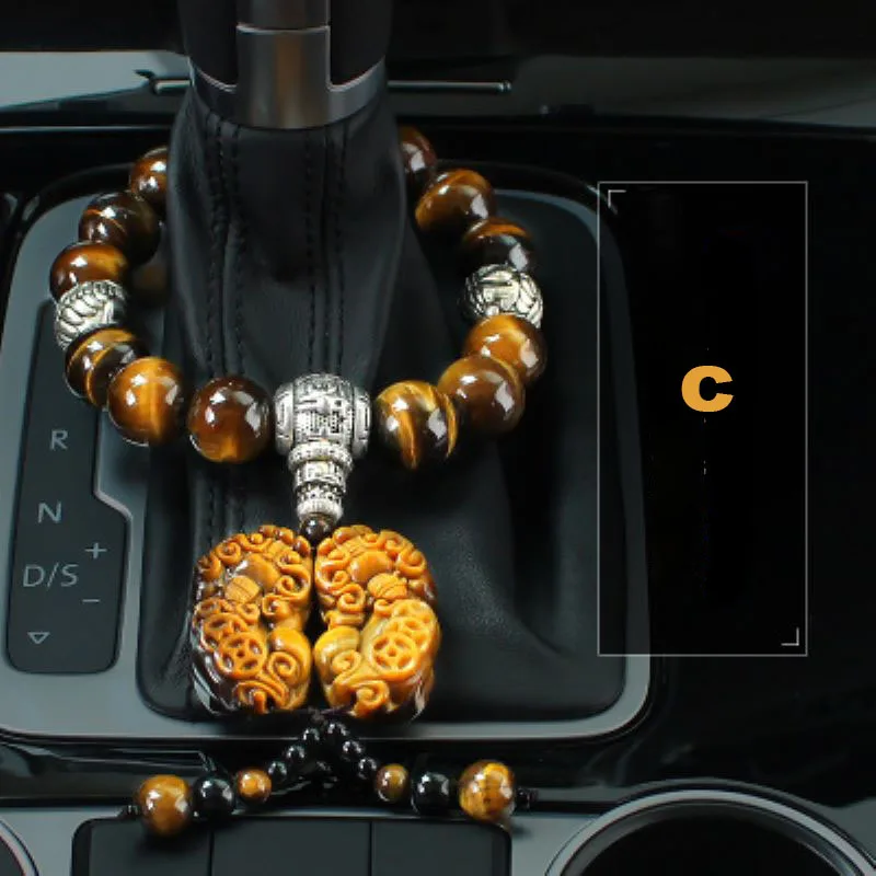 Car Ornament Natural Tiger Eye Stone Car Gear Bead Pendant Interior Gear Beads Peace Symbol Chinese Style Auto Decor Accessories - Color Name: C