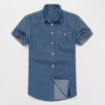 

Summer Fashion Mens Printed Short Sleeve Denim Shirt , Blouse For Man , Male Slim 100% Cotton Jeans Shirts , Blouses For Men
