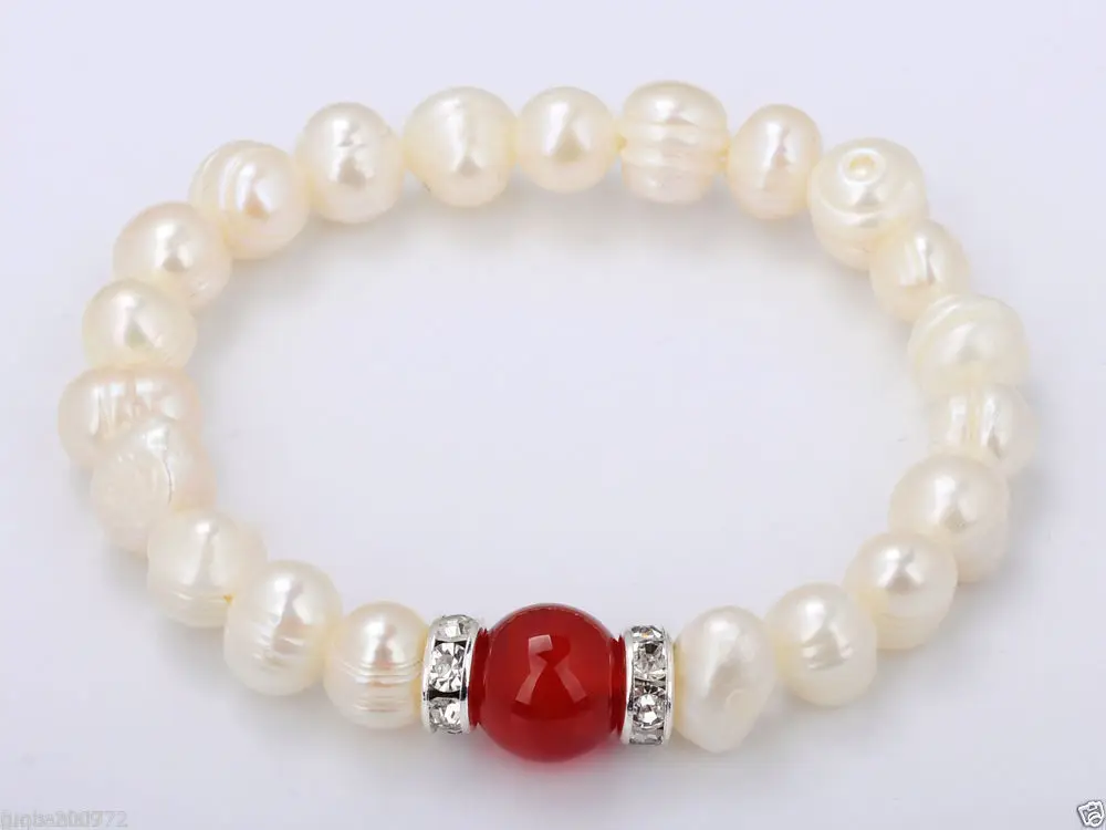 

FREE SHIPPING7-8mm Genuine Natural White Freshwater Pearl Red Jade Stretchy Bangle Bracelet Natural >>free shipping