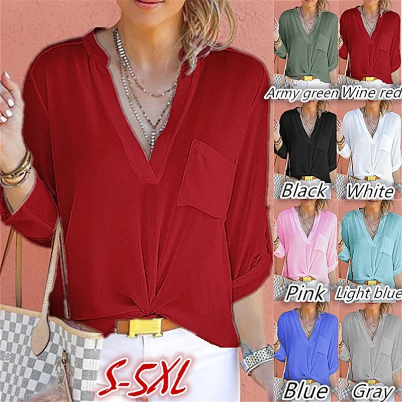 

Women V Neck Chiffon Blouses Spring Long Sleeve Solid Shirts Pocket Femininas Loose Female Tops