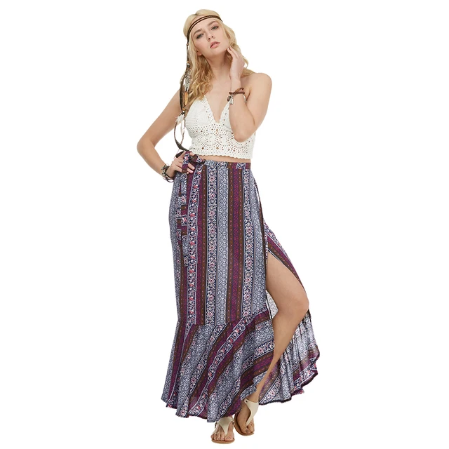 Kenancy Maxi Skirts Women Bohemian Printing Ethnic Style Slit Vintage