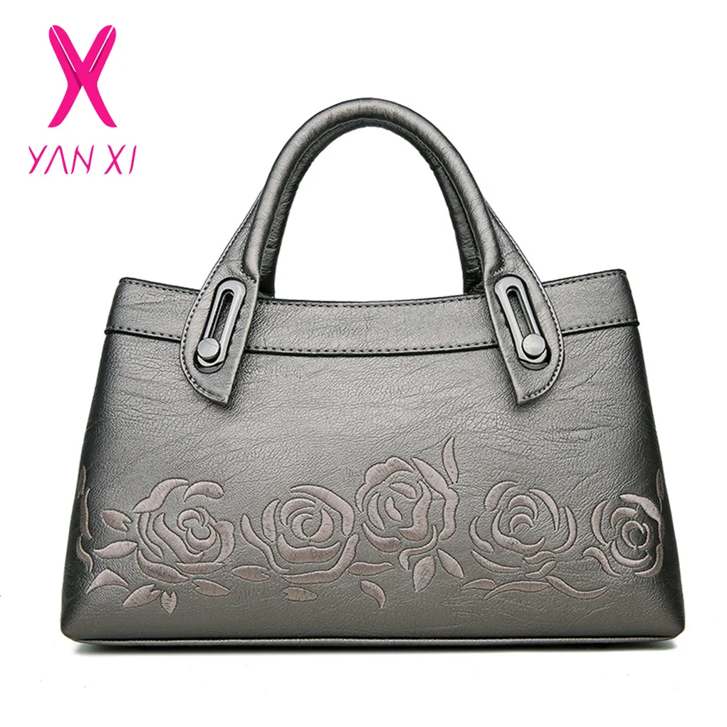 

YANXI 2018 New Luxury Women Leather Handbag Women Messenger Bag Female Leather Shoulder Bag Women's Embroidery Flower Handbag