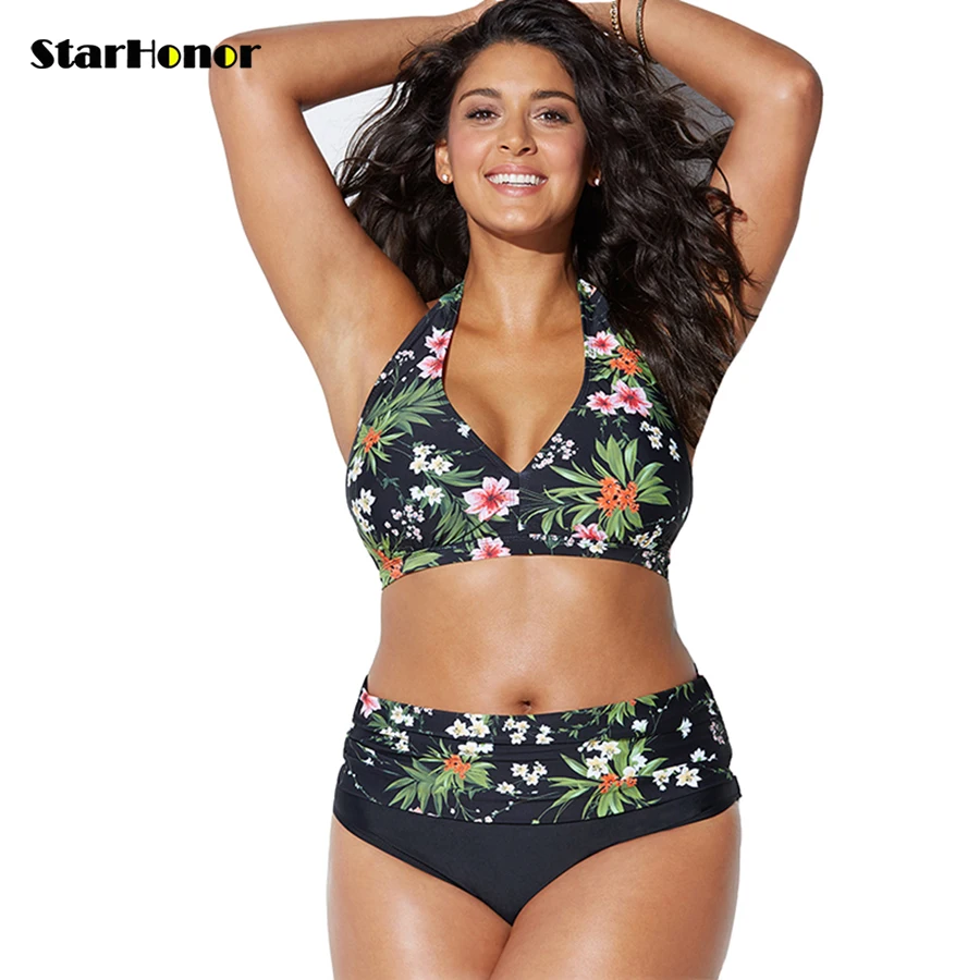 

Large Plus Size Sexy Women Push Up Swimsuit Print Floral Bikini Set Bandage Swimwear Vintage Bathing Suit Push Up Beachwear 4XL