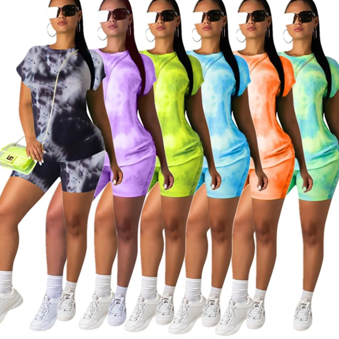 

Neon Orange Top Tie Dyeing Woman Set Two Pieces Set Casual Fitness Womens Fashion Summer Short Sleeve Bodycon Overalls
