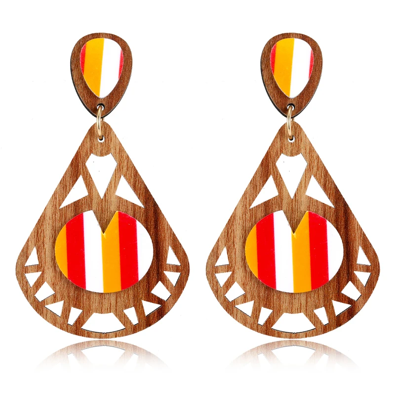 

1Pair Bohemian Fashion Indian Africa Statement Stripe Wooden Earrings For Women Ethnic Long Big Wood Water Drop Earring Jewelry