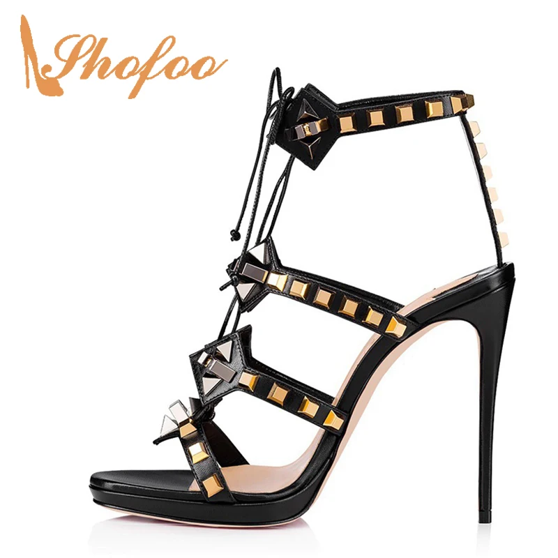 

Black Rivets High Stilettos Ankle Strap Sandals Woman Thin Heels Lace Up Large Size 12 15 For Ladies Summer Footwear Fashion
