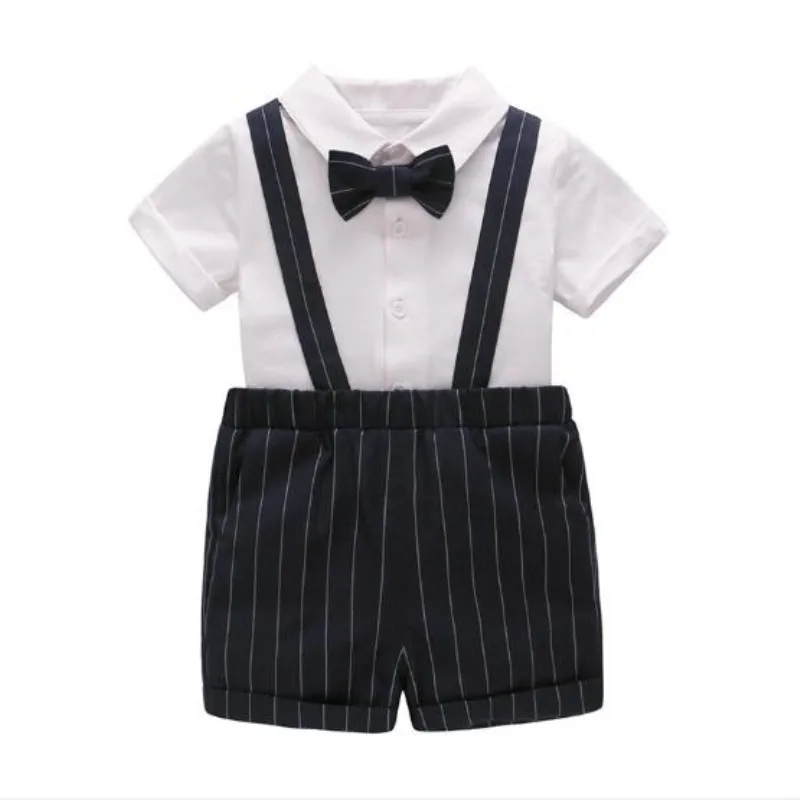 

2019 summer new white shirt striped strap two-piece baby newborn baby gift boy gentleman shirt bow tie suit