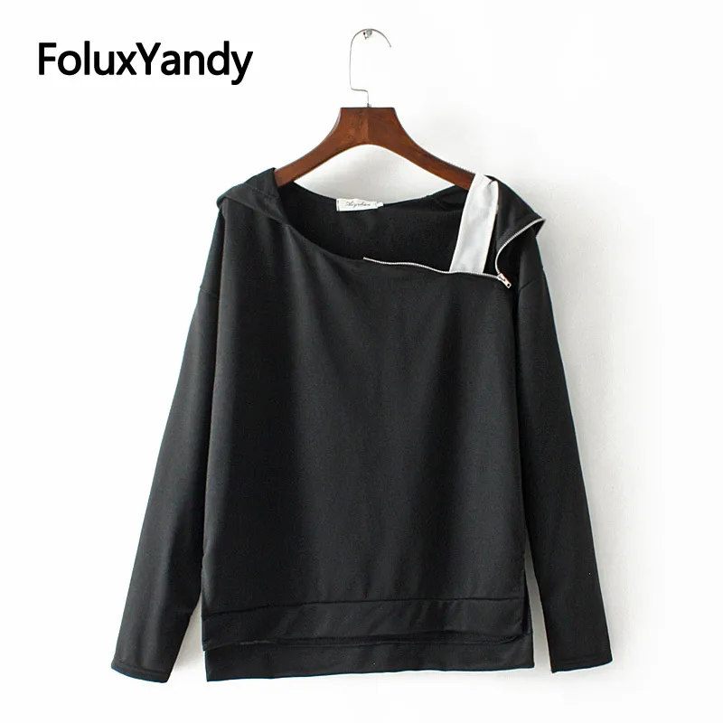 

One Shoulder Hoodies Women Zipper Casual Pullovers Long Sleeve Asymmetrical Plus Size Sweatshirt Black White KKFY3028