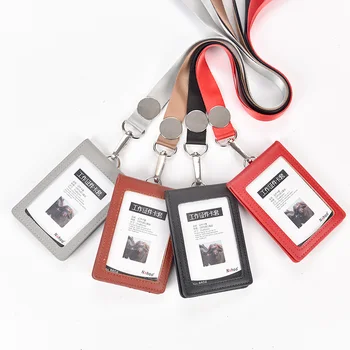

NAHOO Genuine Leather Id Holders Case Business Badge Card Holder With Necklace Lanyard LOGO Customize Print Company Supplies