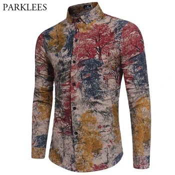 

Mens Hipster Cotton Linen Shirts Vintage Floral Print Long Sleeve Social Dress Shirt Men 2019 New Casual Slim Fit Chemise Homme