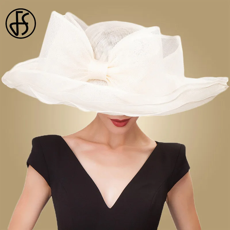 FS elegante negro Beige blanco Lino boda sombreros Bowknot Sinamay mujeres Kentucky Derby sombrero señoras gran ala ancha Chapeau Fedora - 1