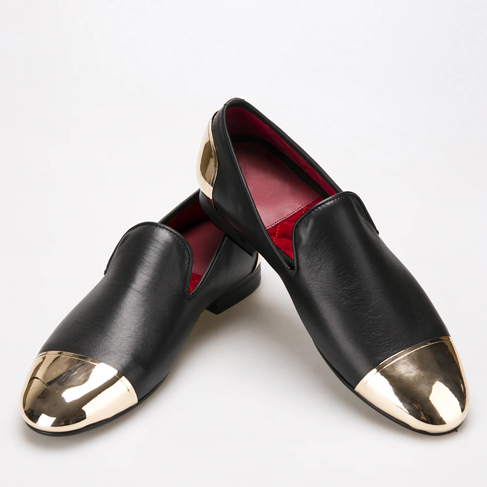 

style Handmade Black Genuine Leather men shoes with front and back gold metal Fashion men slip-on loafers mens shoes we