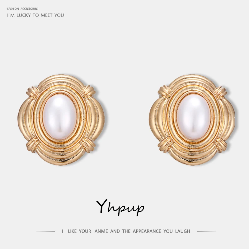 

Yhpup Vintage Exquisite Imitation Pearls Baroque Stud Earrings Geometric Gold Elegant Statement Earrings Charm Jewelry For Women