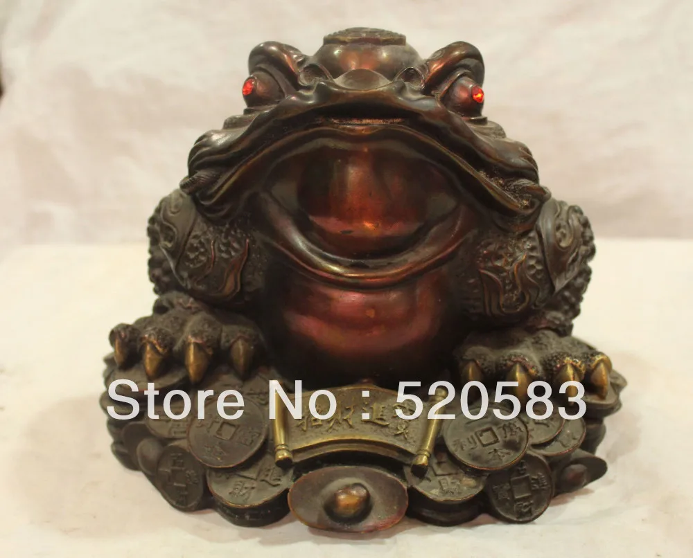 

10" Marked China Bronze Wealth YuanBao Money Jin Chan Gold Cicada Spittor Statue