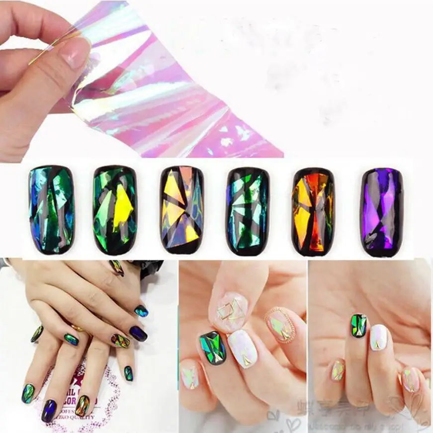 6PC Nail Art Wrap Foils Nails Wraps Transfer Glitter Shattered Glass