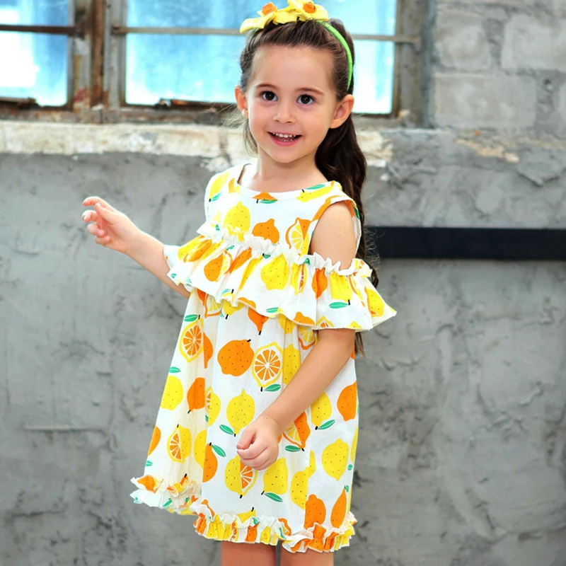 Toddler Kids Baby Girls Lace Lemon Print Dress Romper Headbands Princess 