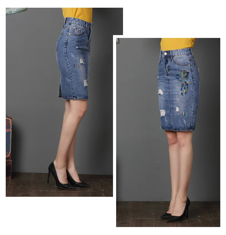 Короткие джинсовые юбки с разрезом сзади для женщин с завышенной талией, летняя Стильная джинсовая мини-юбка с вышивкой, 4XL размера плюс для женщин, тонкая новинка