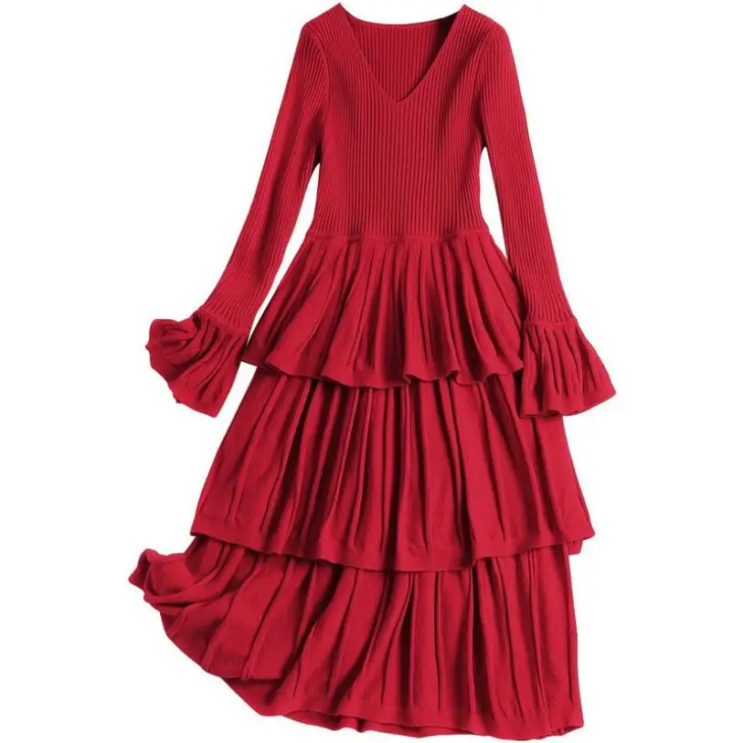 Red Layer Cake Mid Dress vestidos Women Flare Sleeve Vintage Ruffles V ...