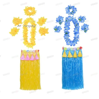 

80cm Woman Hawaiian Cosplay Costume Flower Lei Headband Wreath Garland Wristbands Bra Hula Skirts Adults Holiday Party