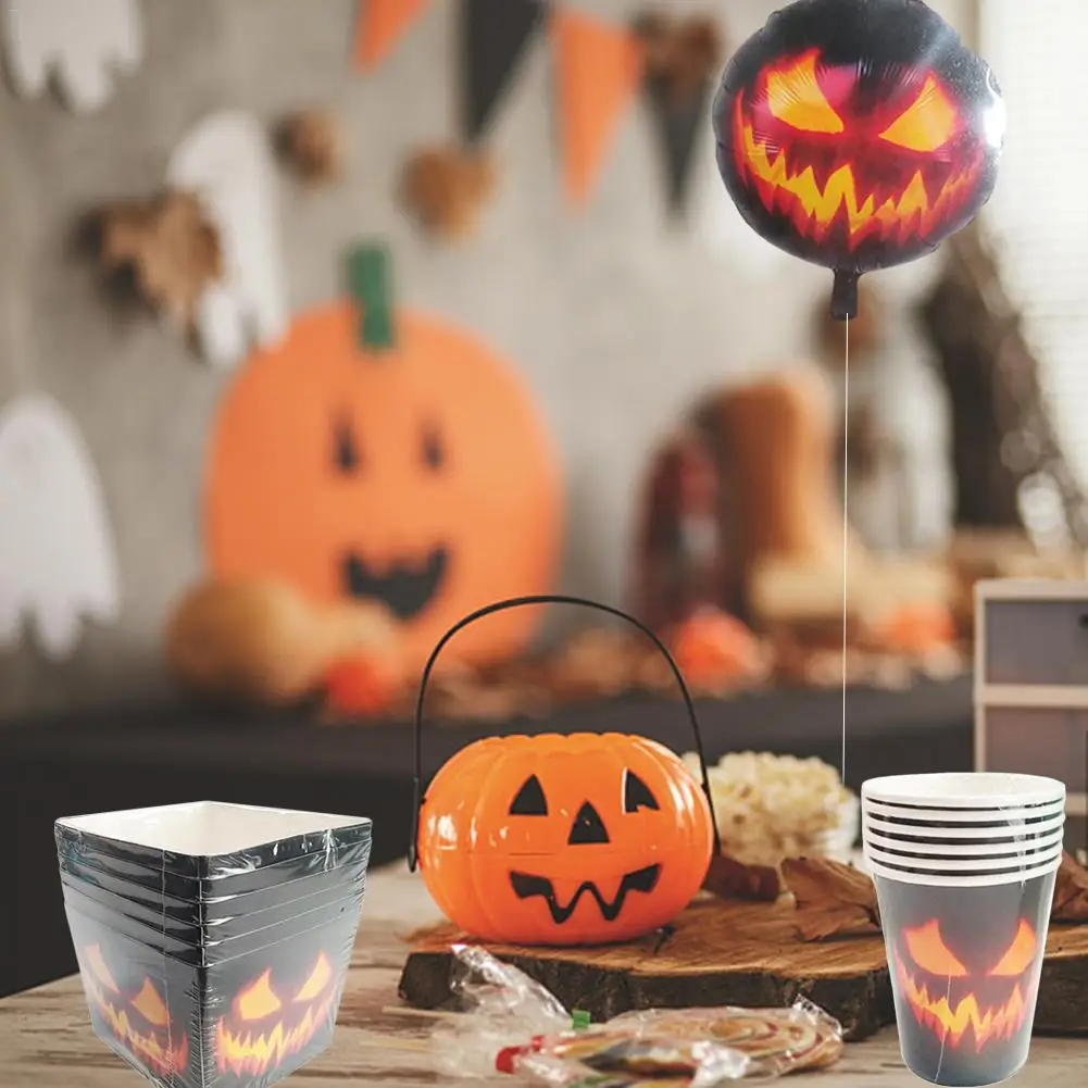 

Halloween Party Kitchen Dish Set Disposable Black Flame Pumpkin Pattern Paper Cup Paper Tray Tableware Decoration