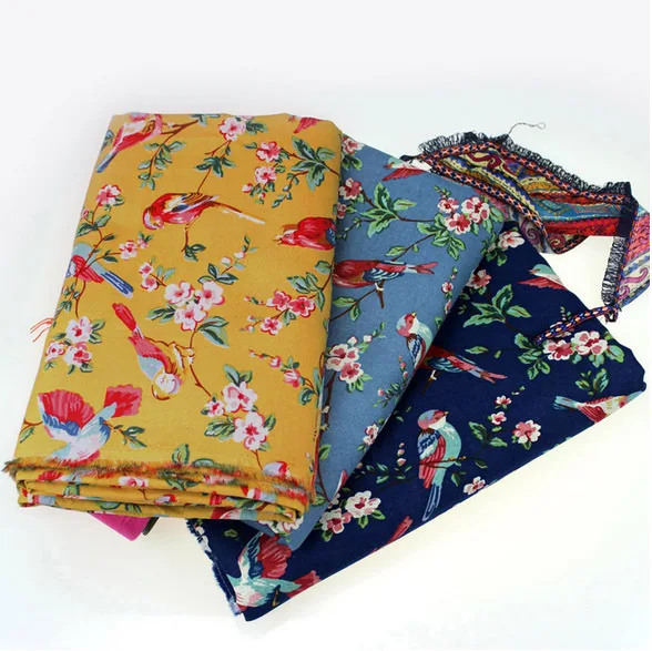 

Printed Flowers Birds Linen And Cotton Cloth Meter Dress Tissu Tablecloth Home Decorative Sewing Textile Fabric 2001BL
