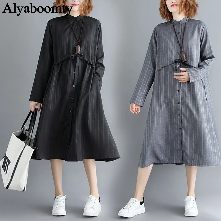 

Spring Autumn Women Plus Size Shirt Dress Gray Black Striped Oversized Cardigan Casual Loose Vintage Large Size Midi Lady Dress