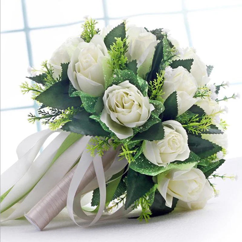 Ручной работы Свадебный букет невесты белые зеленые искусственные розы цветы ручной работы цветок домашний декор
