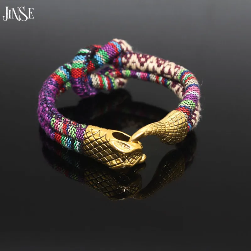 JINSE Gold Color Rock Cotton Cord Men Bracelet Bangle Zinc Alloy Double