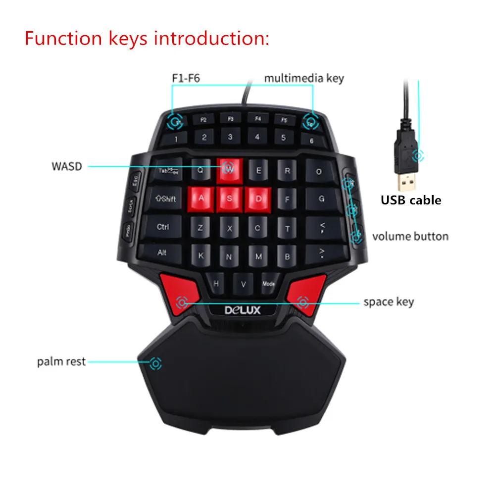  Delux T9 Gaming Keyboard Mini 47 keys Keypad M618 Plus Ergonomic Vertical Mouse Single Hand Keyboar
