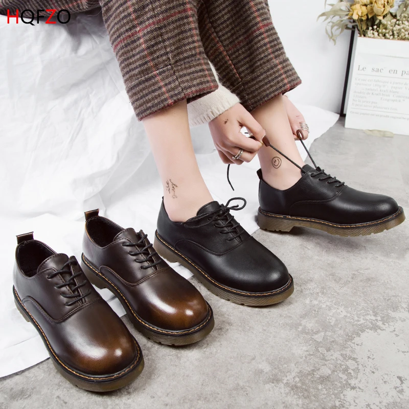 

HQFZO 2019 New High Quality Women Oxfords Flats Platform Shoes Casual Lace-Up Zapatos Mujer Black British Style Brogues