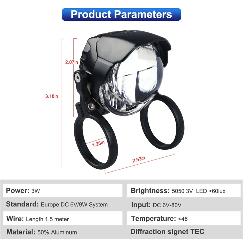 Электрический велосипедный светильник 3 Вт водонепроницаемый и ударопрочный головной светильник 60 люкс DC6V-80 в алюминиевый корпус светодиодный светильник для электровелосипеда E24 сертификат
